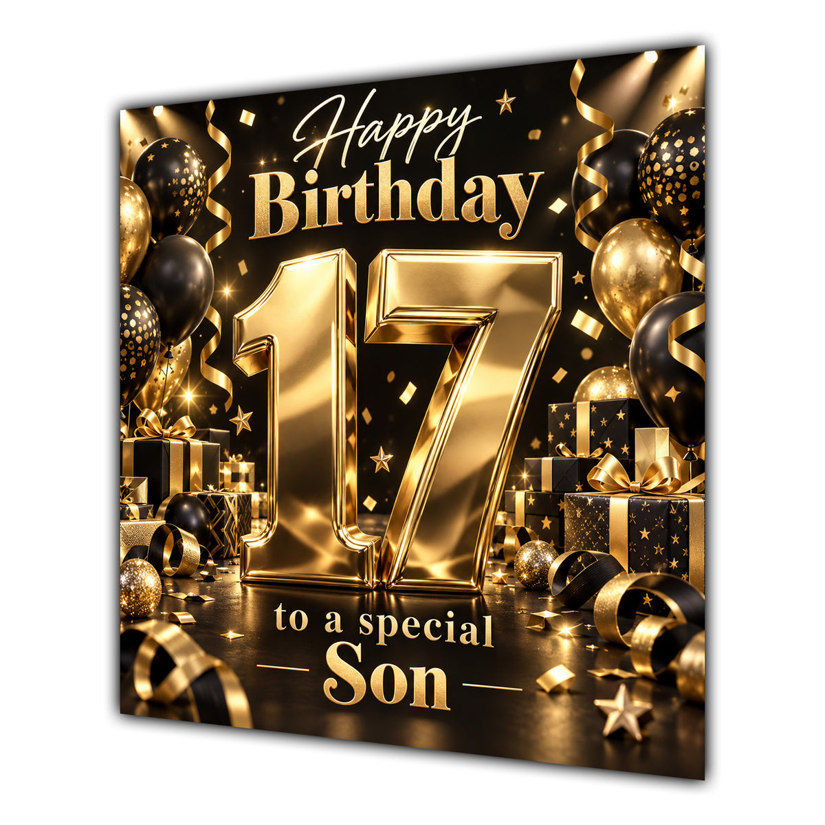 Son 17th Birthday Card Gold Black Balloons Stars