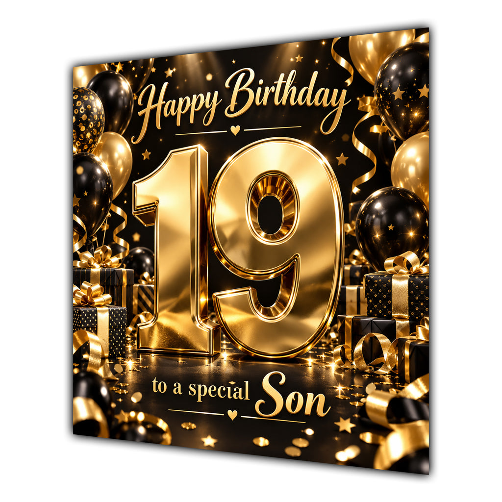 Son 19th Birthday Card Gold Black Balloons Stars