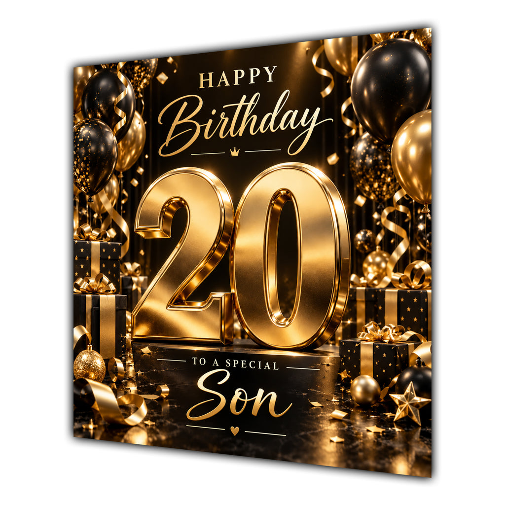 Son 20th Birthday Card Gold Black Balloons Stars