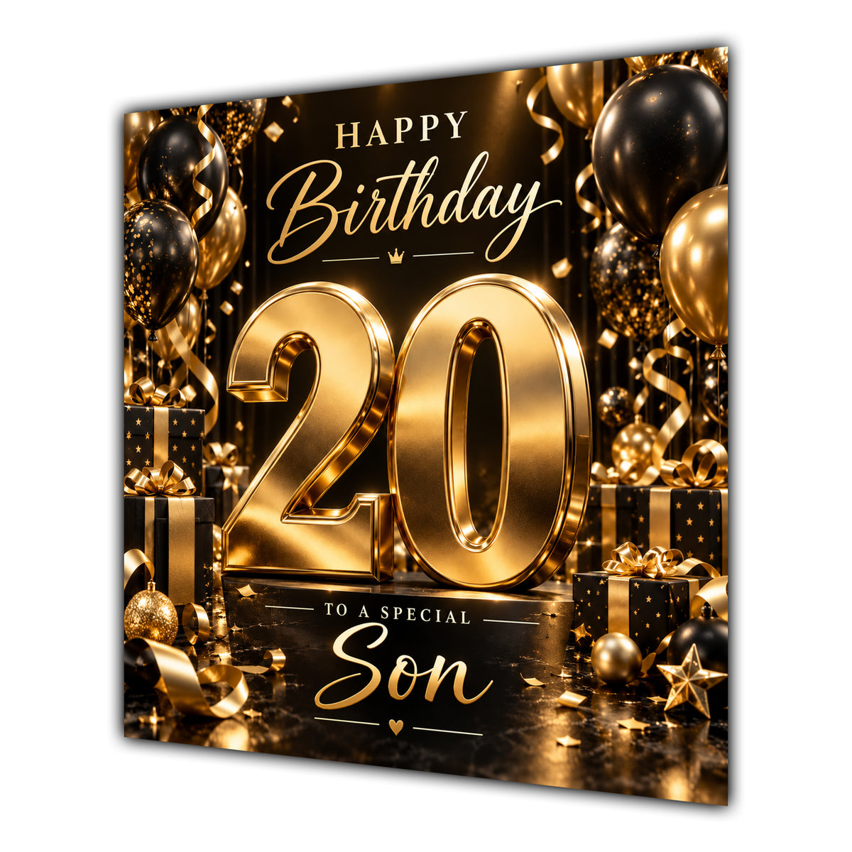 Son 20th Birthday Card Gold Black Balloons Stars