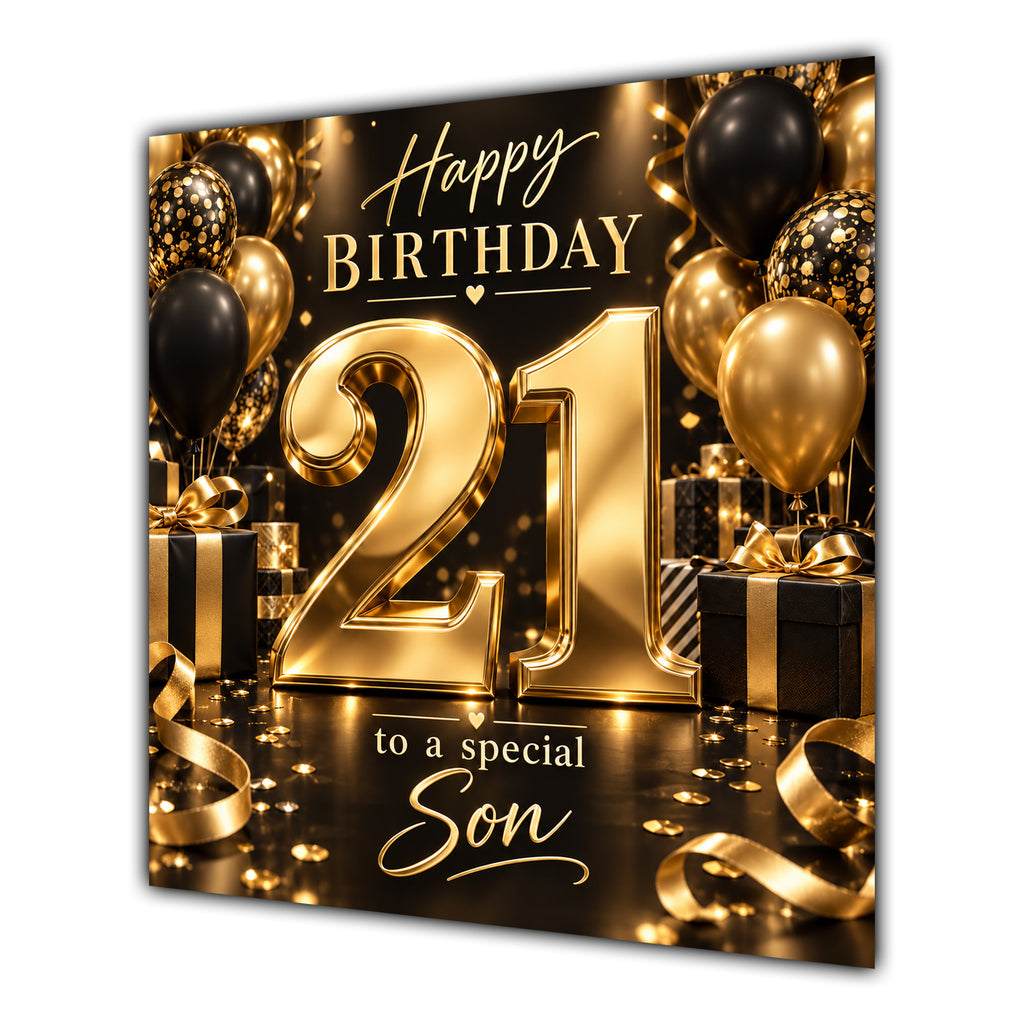 Son 21st Birthday Card Gold Black Balloons Stars