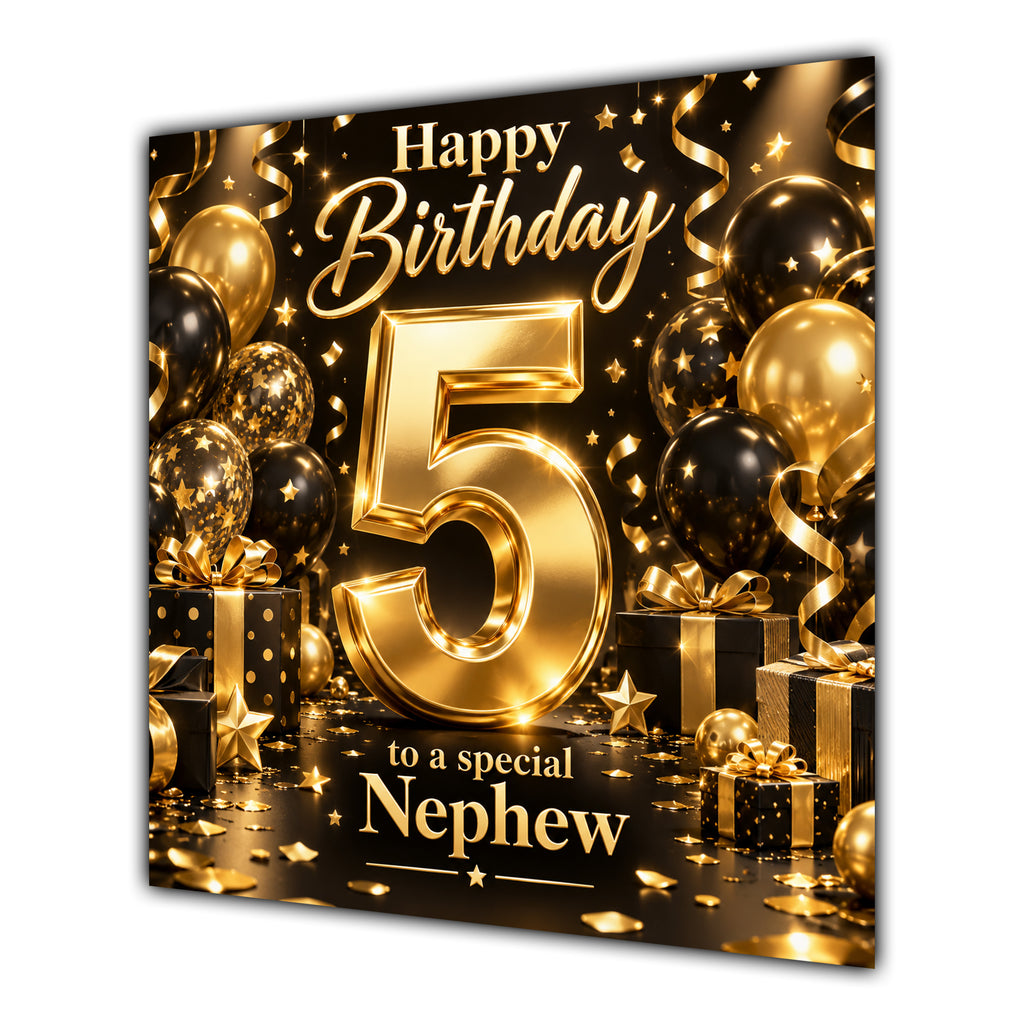Nephew 5th Birthday Card Gold Black Balloons Stars