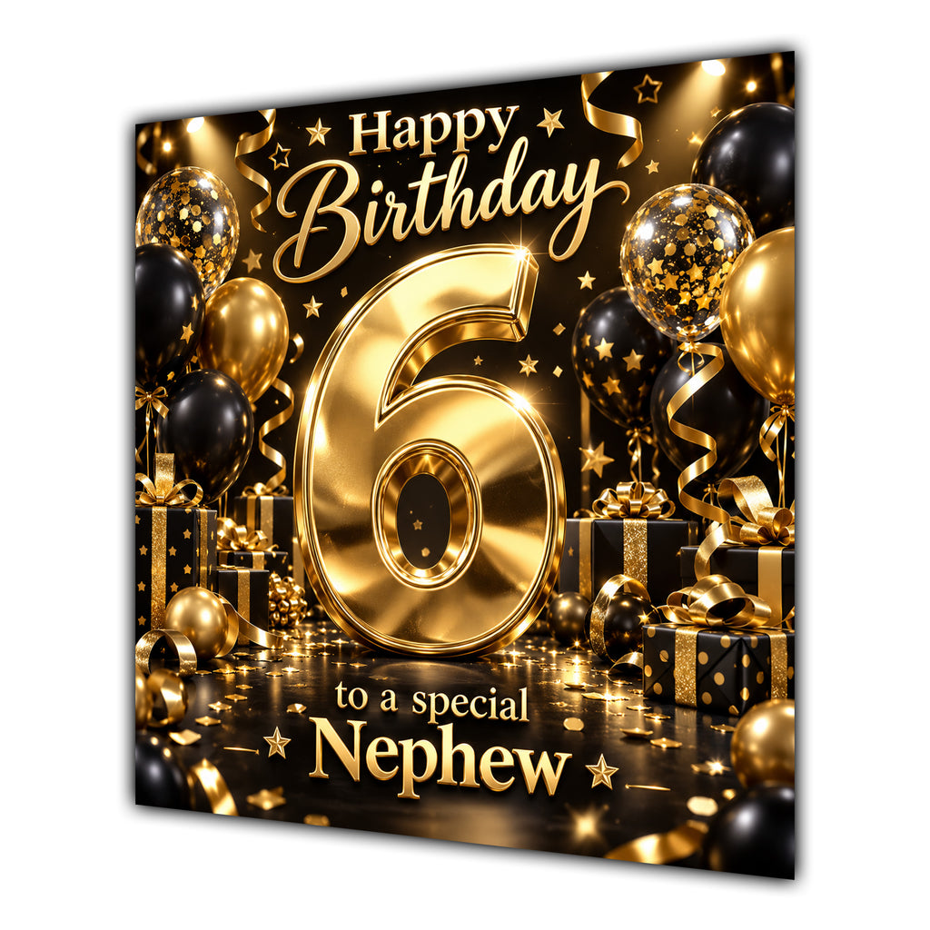 Nephew 6th Birthday Card Gold Black Balloons Stars