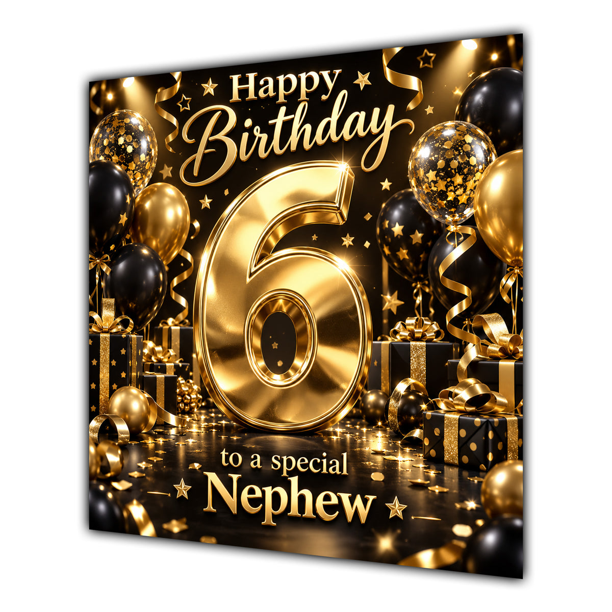 Nephew 6th Birthday Card Gold Black Balloons Stars