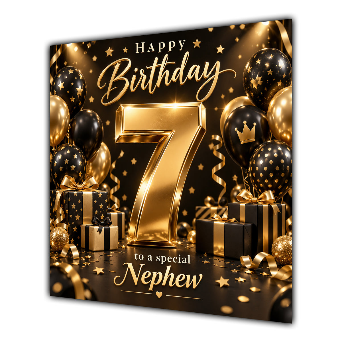 Nephew 7th Birthday Card Gold Black Balloons Stars