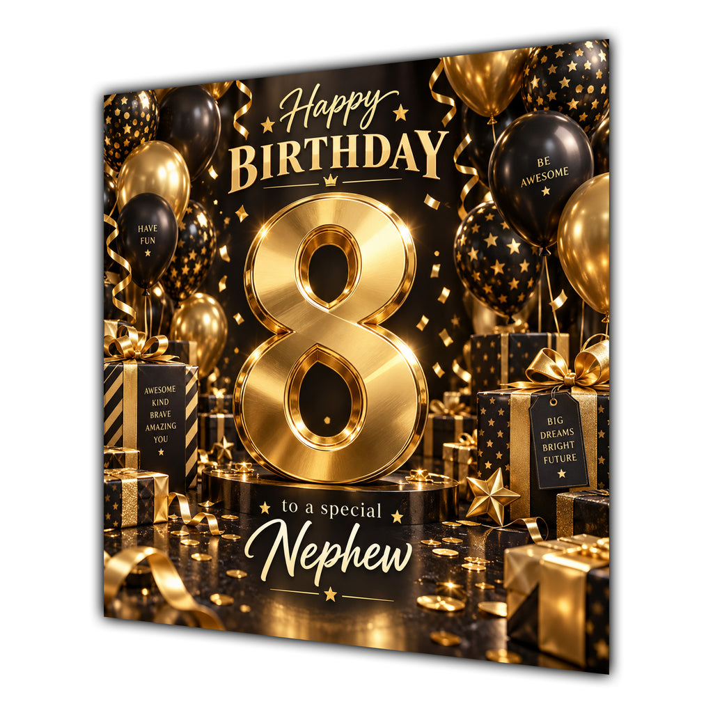 Nephew 8th Birthday Card Gold Black Balloons Stars