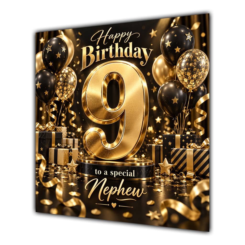 Nephew 9th Birthday Card Gold Black Balloons Stars