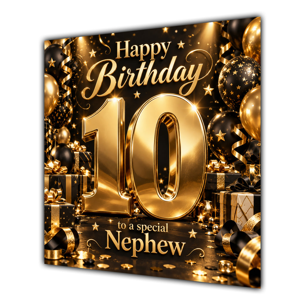 Nephew 10th Birthday Card Gold Black Balloons Stars