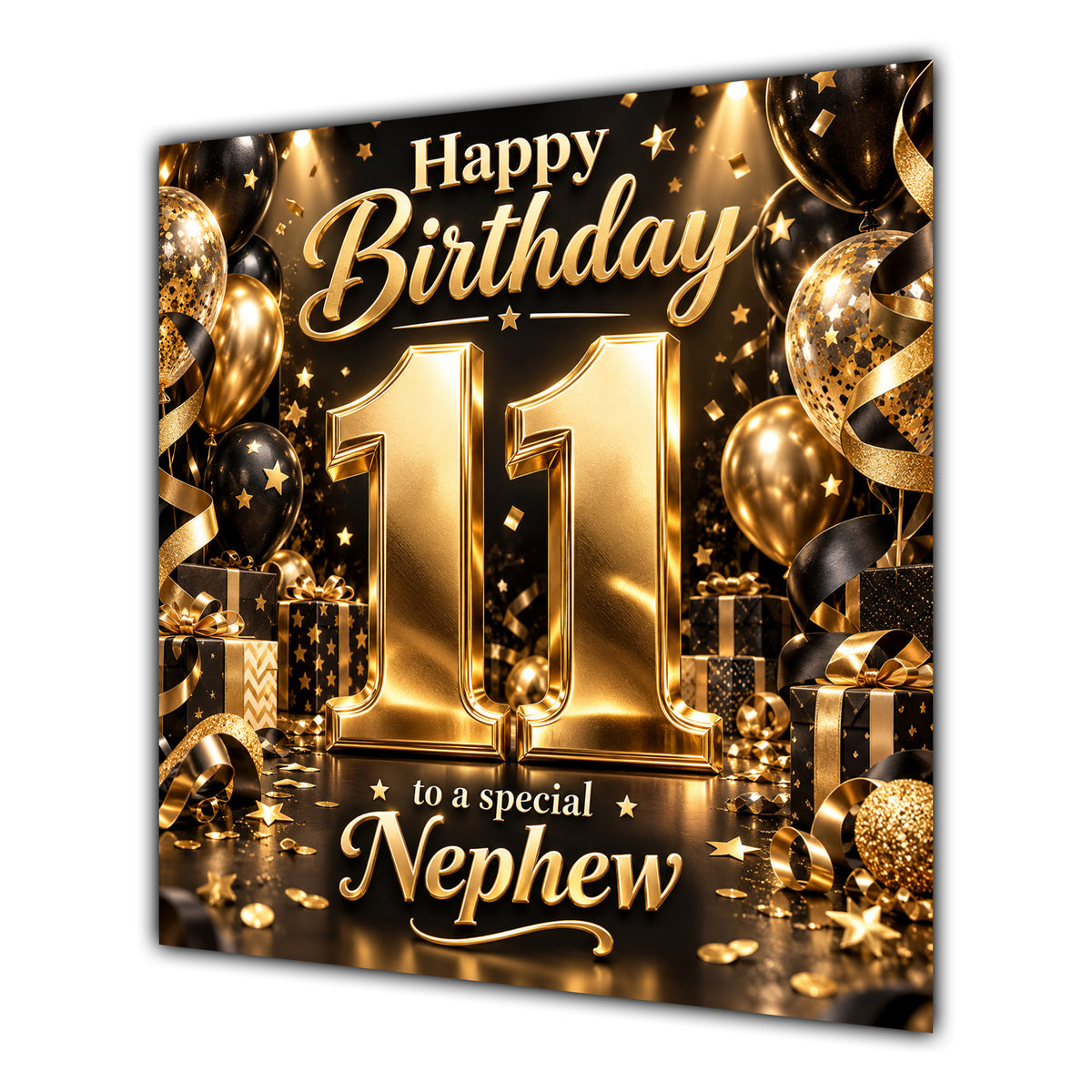 Nephew 11th Birthday Card Gold Black Balloons Stars
