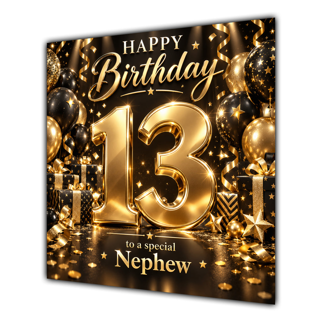 Nephew 13th Birthday Card Gold Black Balloons Stars