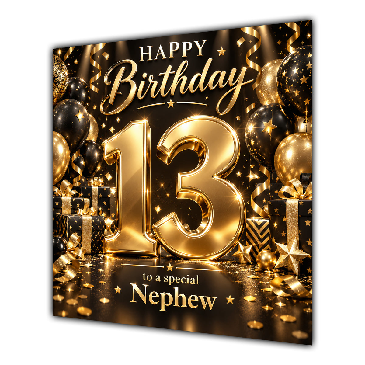 Nephew 13th Birthday Card Gold Black Balloons Stars