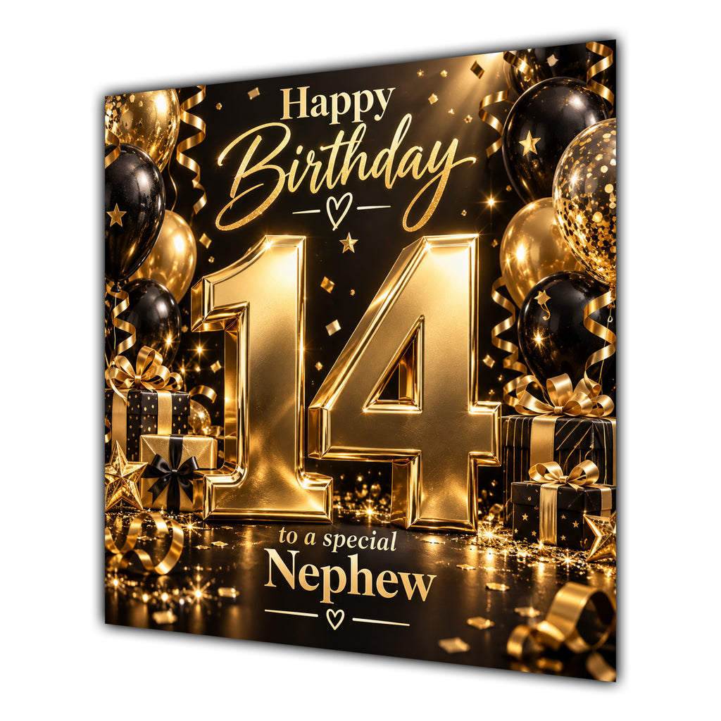 Nephew 14th Birthday Card Gold Black Balloons Stars