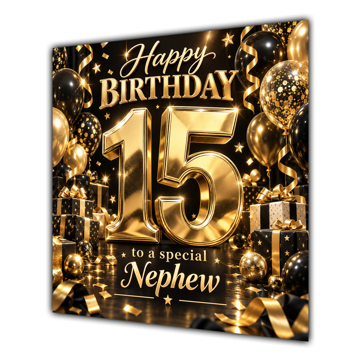 Nephew 15th Birthday Card Gold Black Balloons Stars
