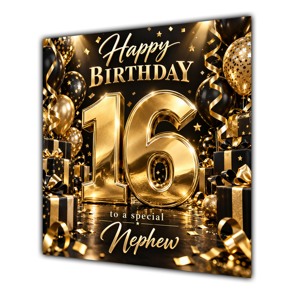 Nephew 16th Birthday Card Gold Black Balloons Stars