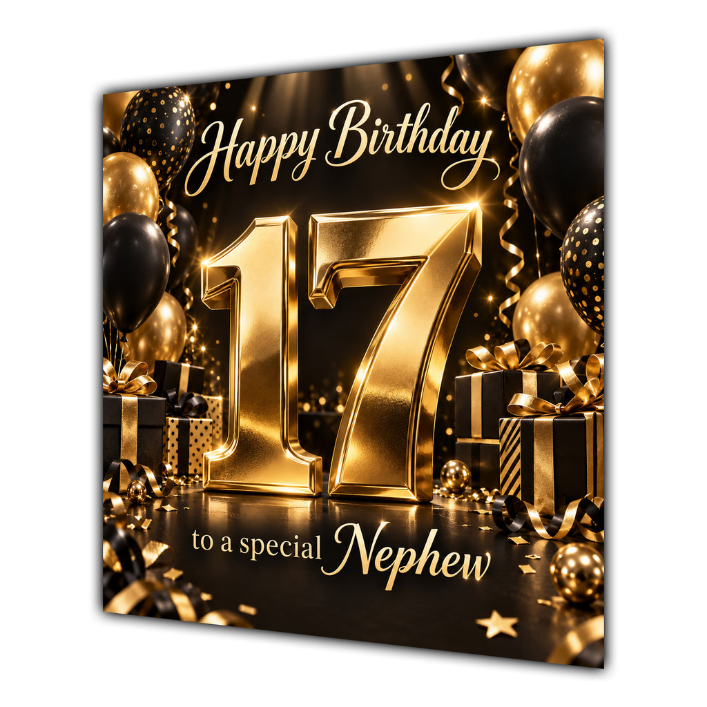Nephew 17th Birthday Card Gold Black Balloons Stars
