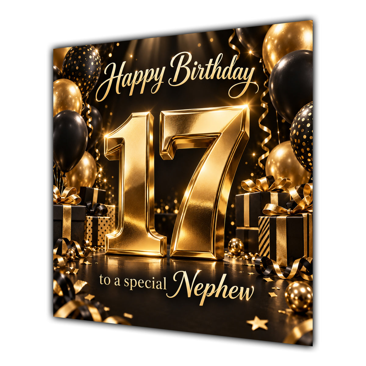 Nephew 17th Birthday Card Gold Black Balloons Stars