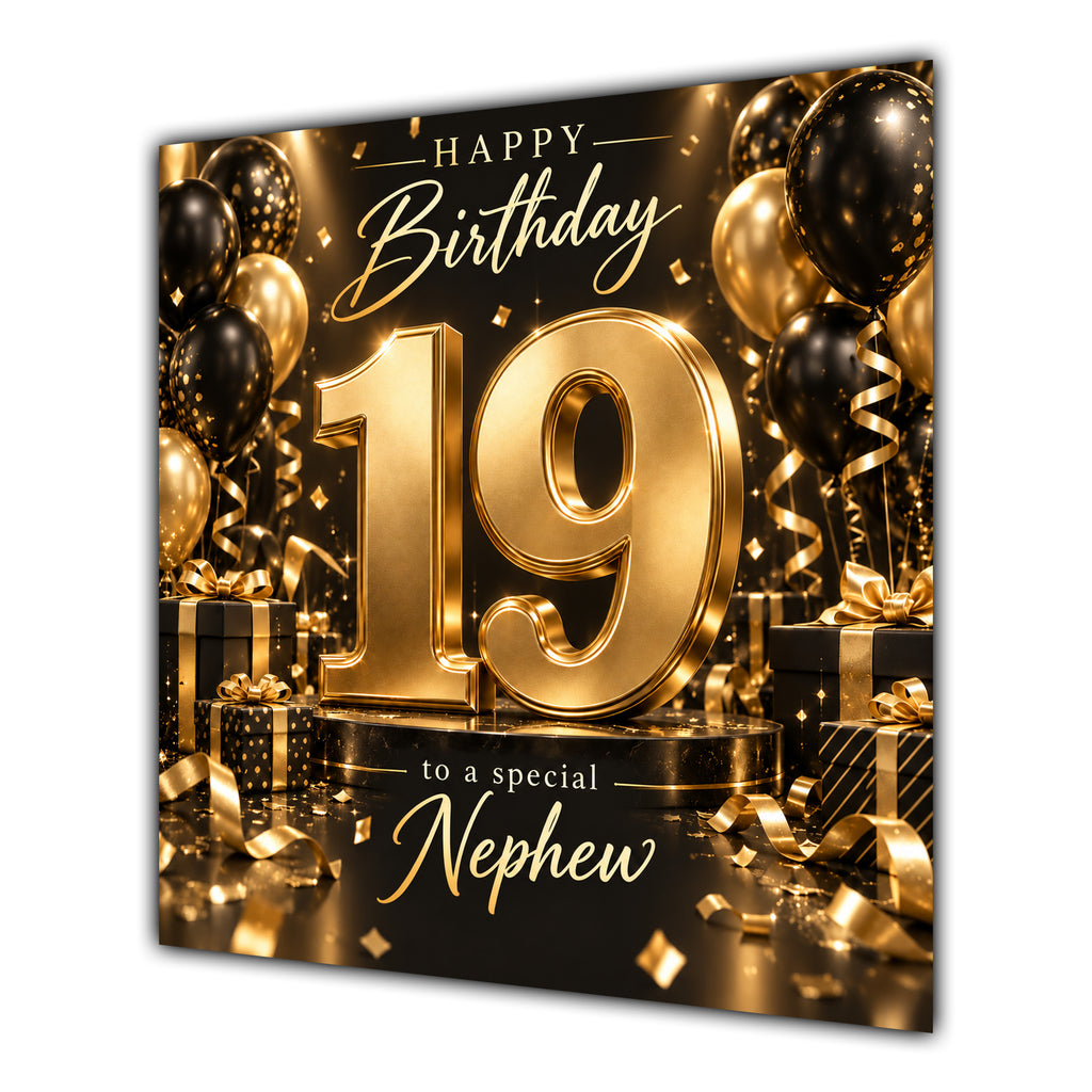 Nephew 19th Birthday Card Gold Black Balloons Stars