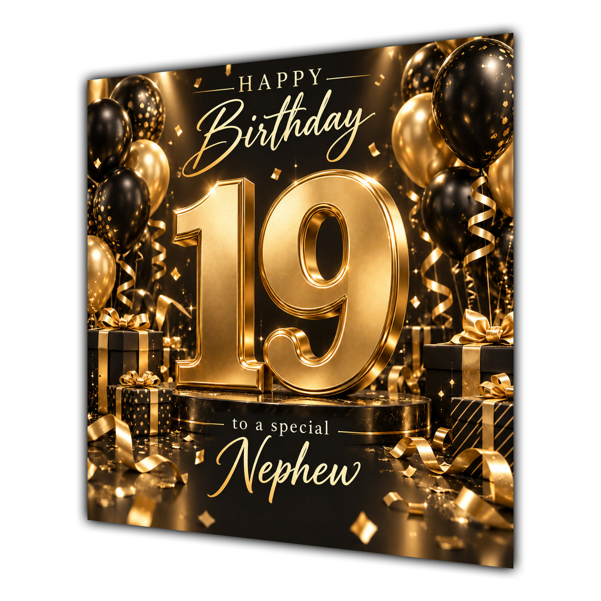 Nephew 19th Birthday Card Gold Black Balloons Stars