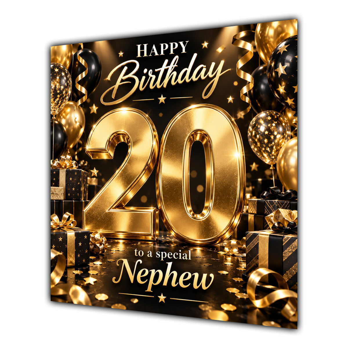 Nephew 20th Birthday Card Gold Black Balloons Stars
