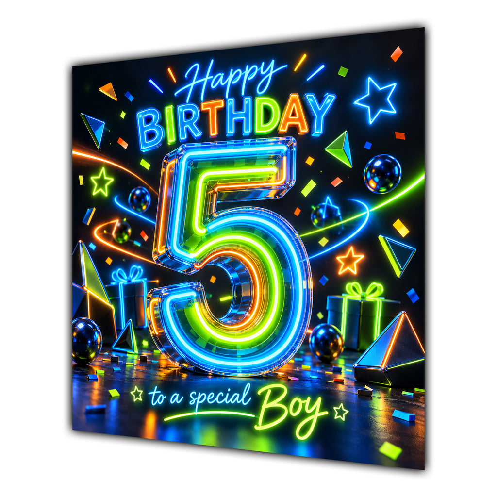 Boy 5th Birthday Card Neon Number Stars Colourful