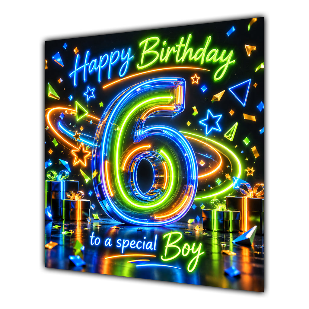 Boy 6th Birthday Card Neon Number Stars Colourful