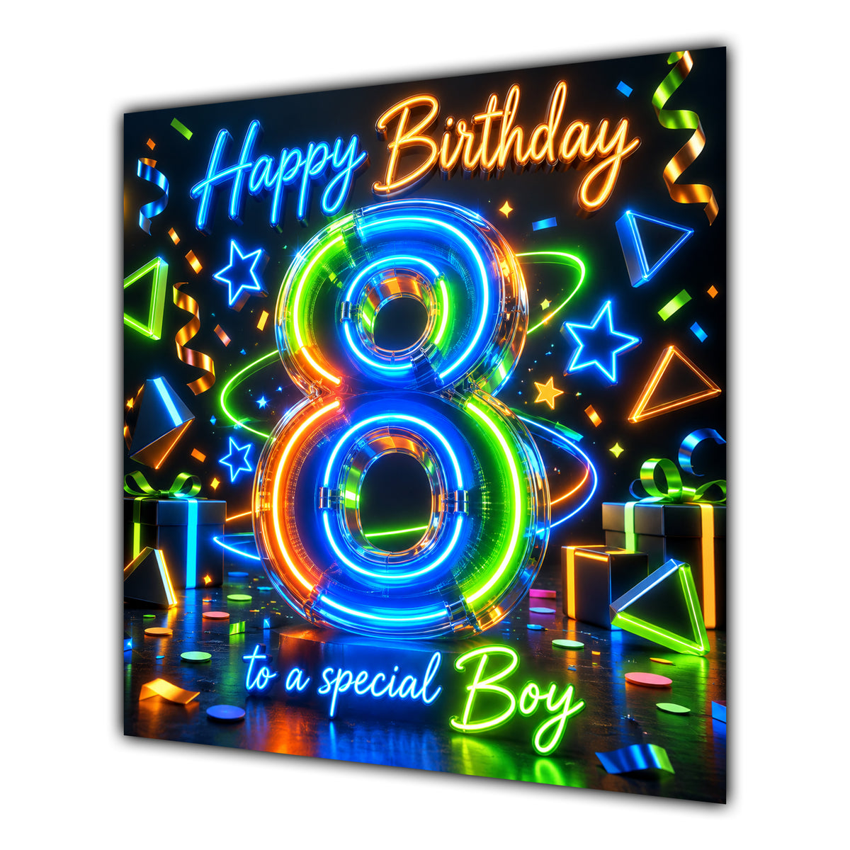 Boy 8th Birthday Card Neon Number Stars Colourful
