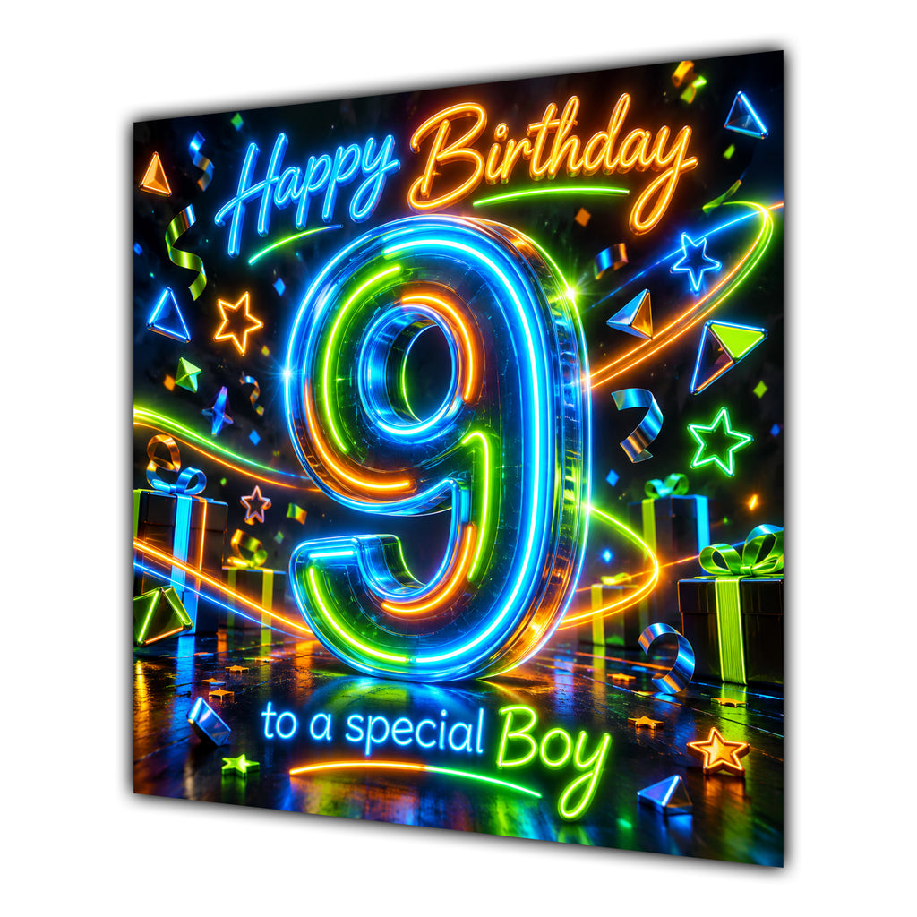 Boy 9th Birthday Card Neon Number Stars Colourful