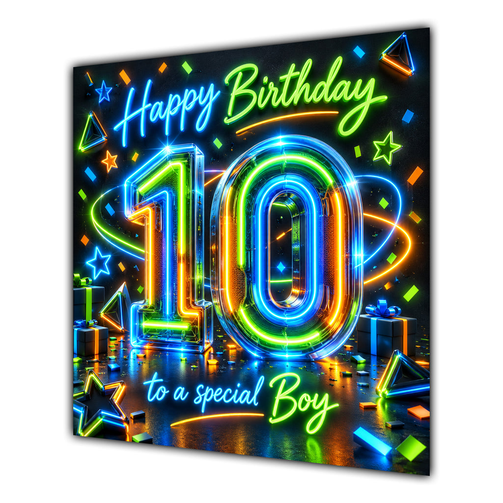 Boy 10th Birthday Card Neon Number Stars Colourful