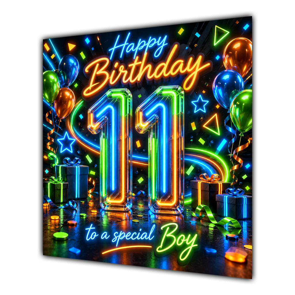 Boy 11th Birthday Card Neon Number Stars Colourful