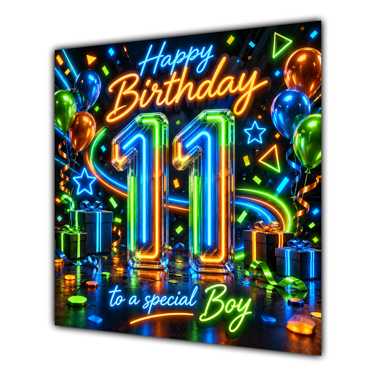 Boy 11th Birthday Card Neon Number Stars Colourful