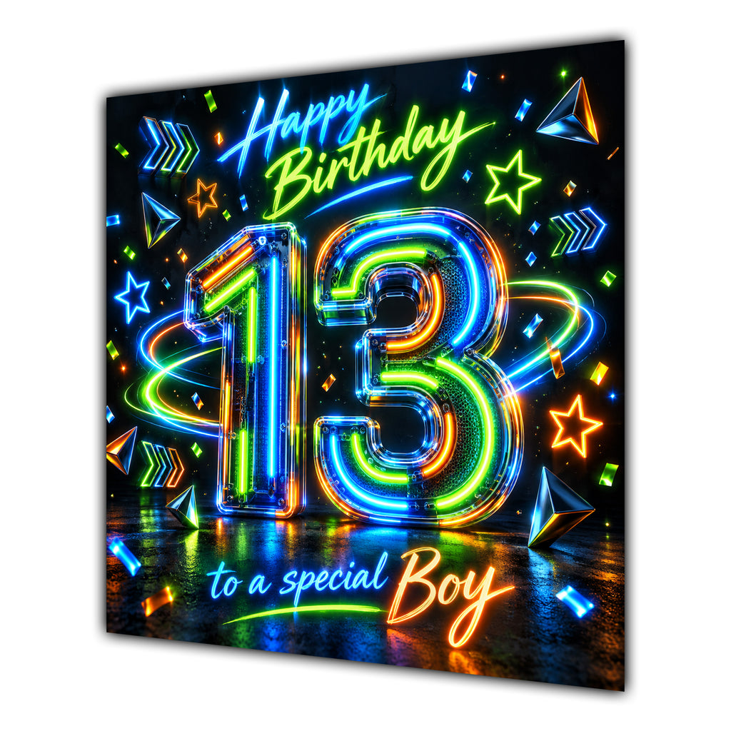 Boy 13th Birthday Card Neon Number Stars Colourful