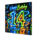 Boy 14th Birthday Card Neon Number Stars Colourful