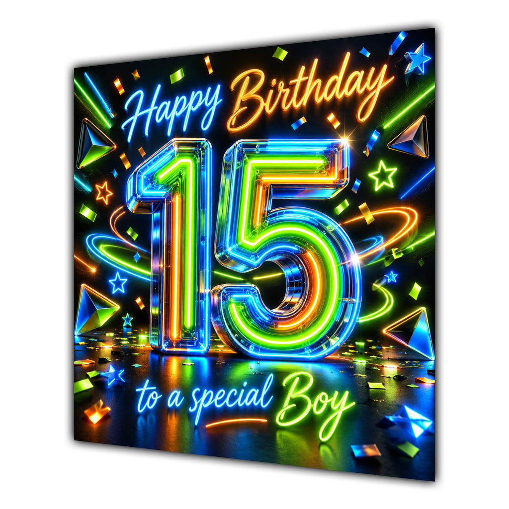 Boy 15th Birthday Card Neon Number Stars Colourful