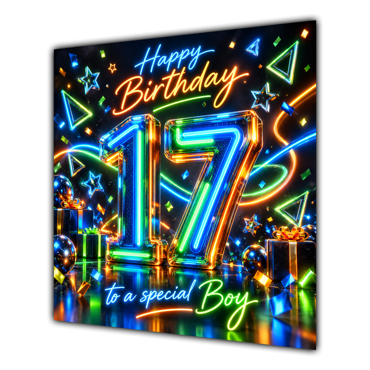 Boy 17th Birthday Card Neon Number Stars Colourful