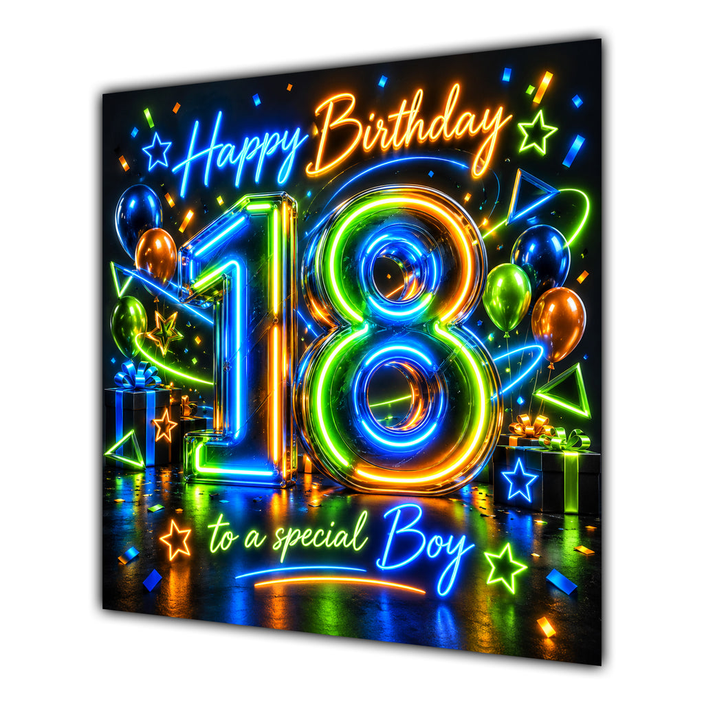 Boy 18th Birthday Card Neon Number Stars Colourful