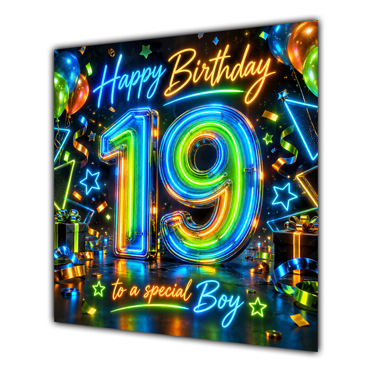 Boy 19th Birthday Card Neon Number Stars Colourful