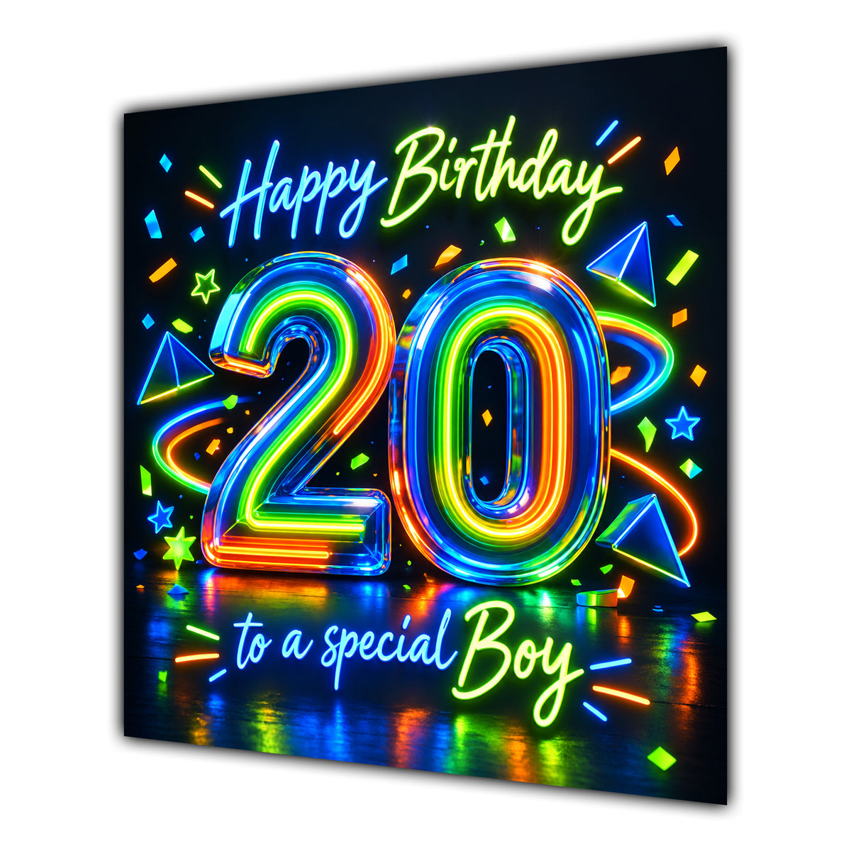 Boy 20th Birthday Card Neon Number Stars Colourful