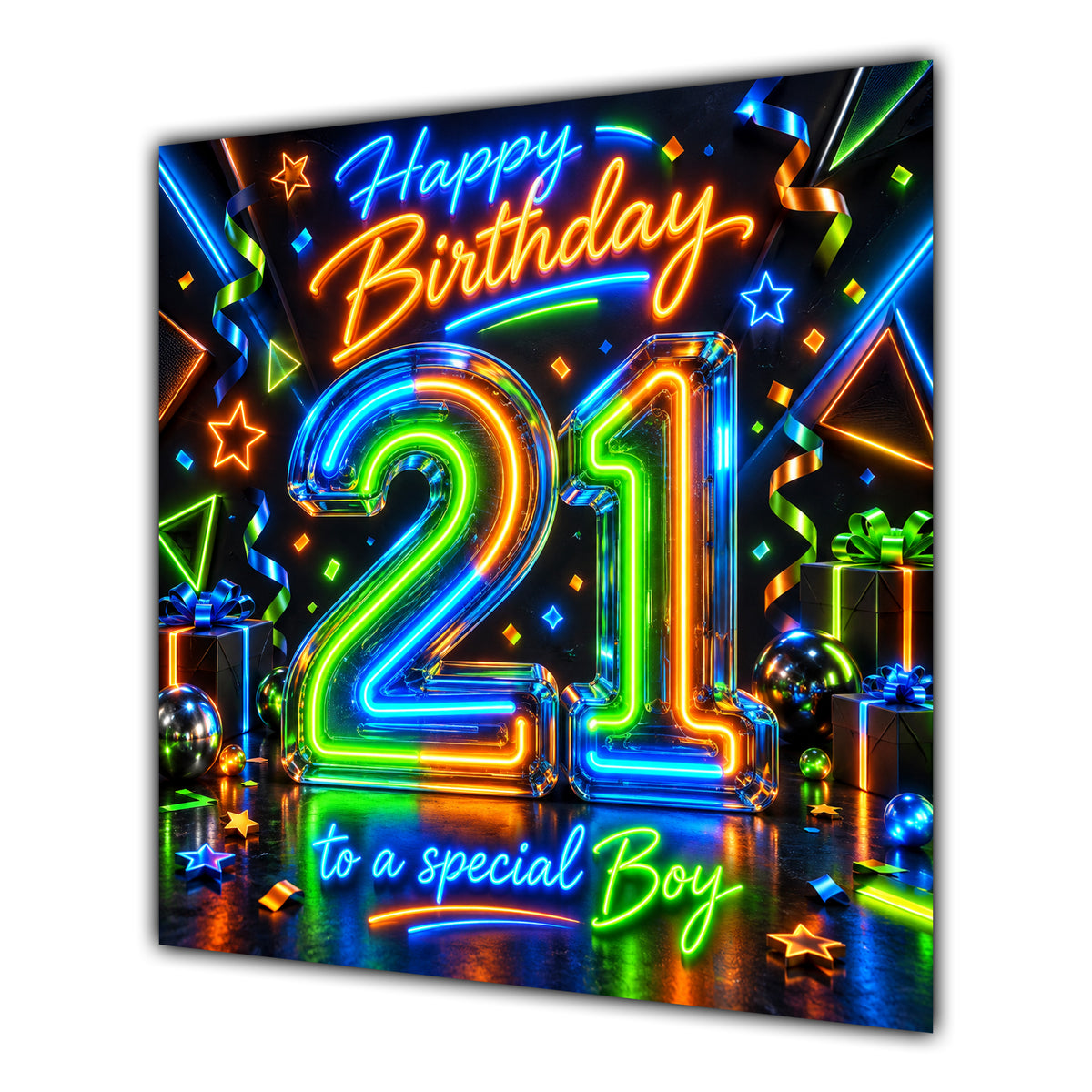 Boy 21st Birthday Card Neon Number Stars Colourful