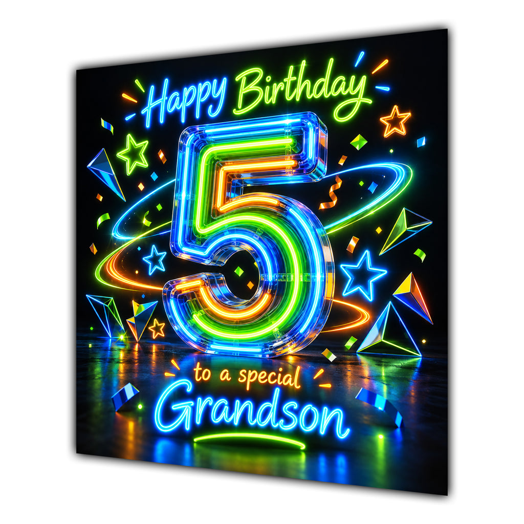 Grandson 5th Birthday Card Neon Number Stars Colourful