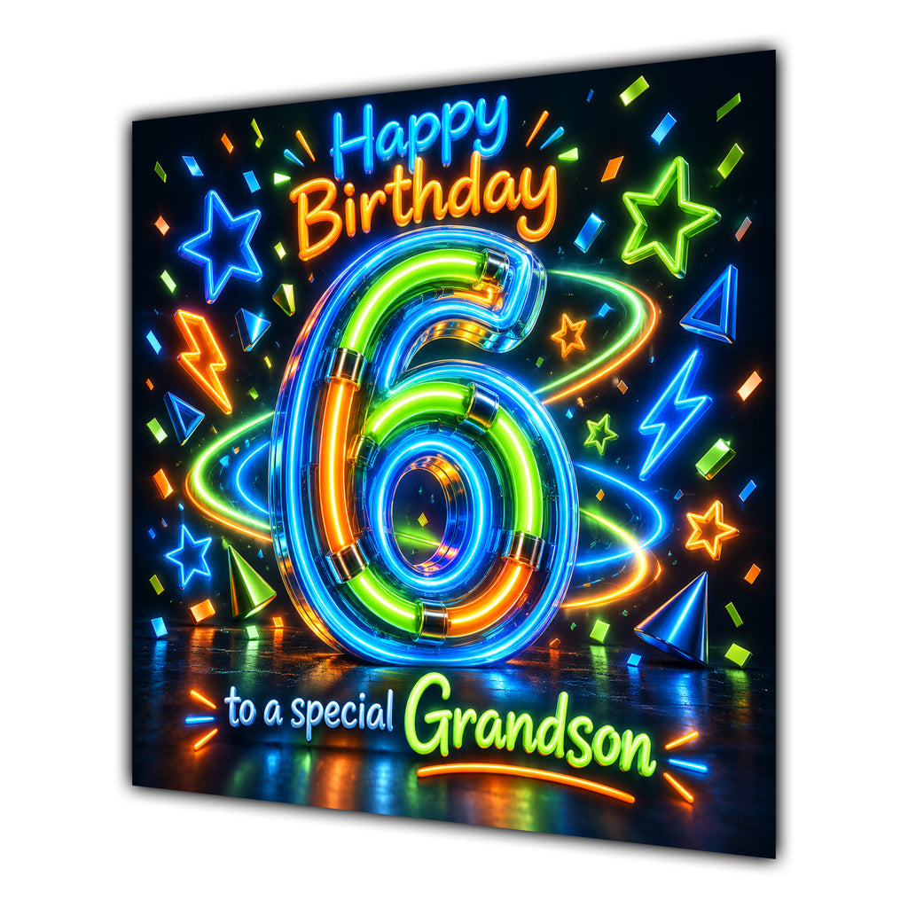 Grandson 6th Birthday Card Neon Number Stars Colourful