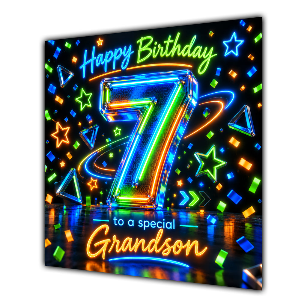 Grandson 7th Birthday Card Neon Number Stars Colourful