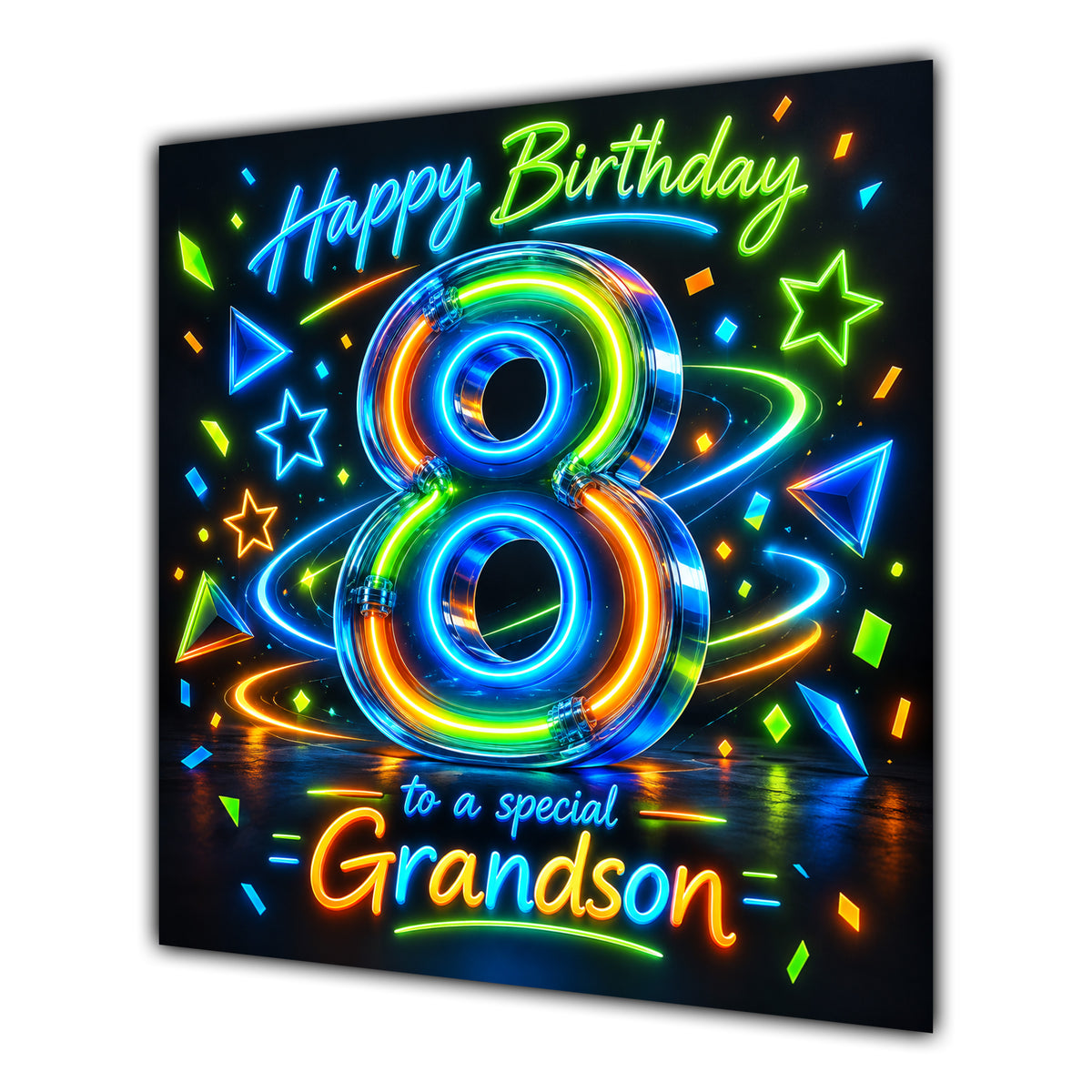 Grandson 8th Birthday Card Neon Number Stars Colourful