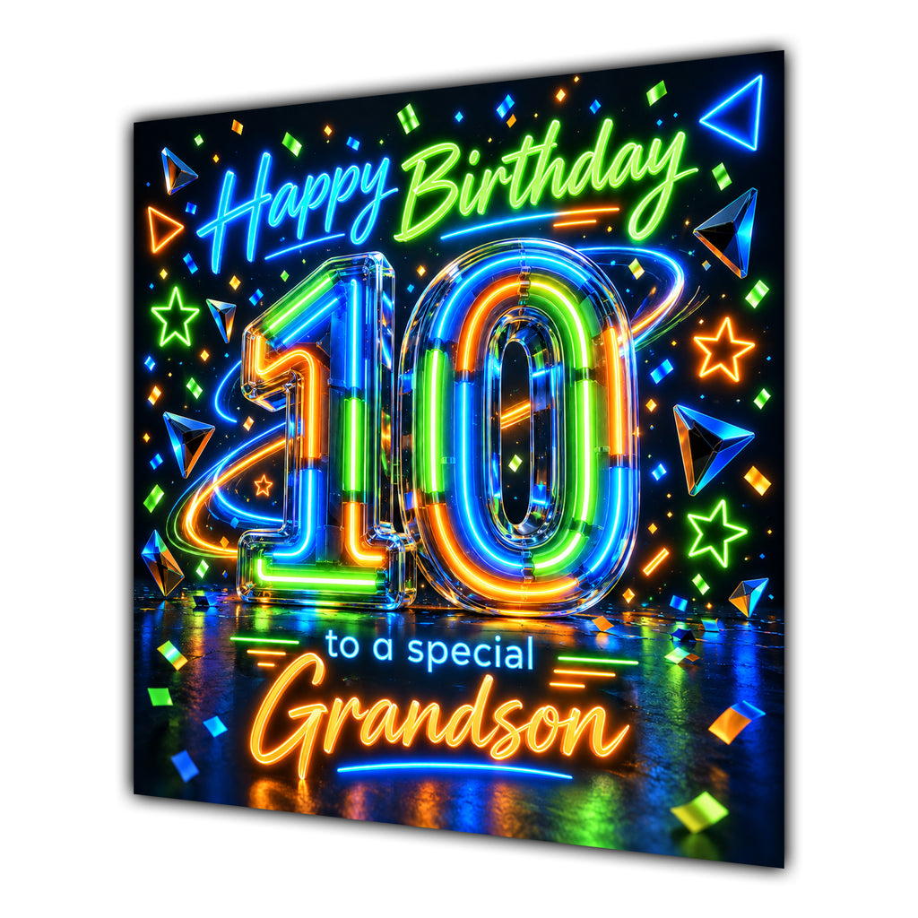 Grandson 10th Birthday Card Neon Number Stars Colourful