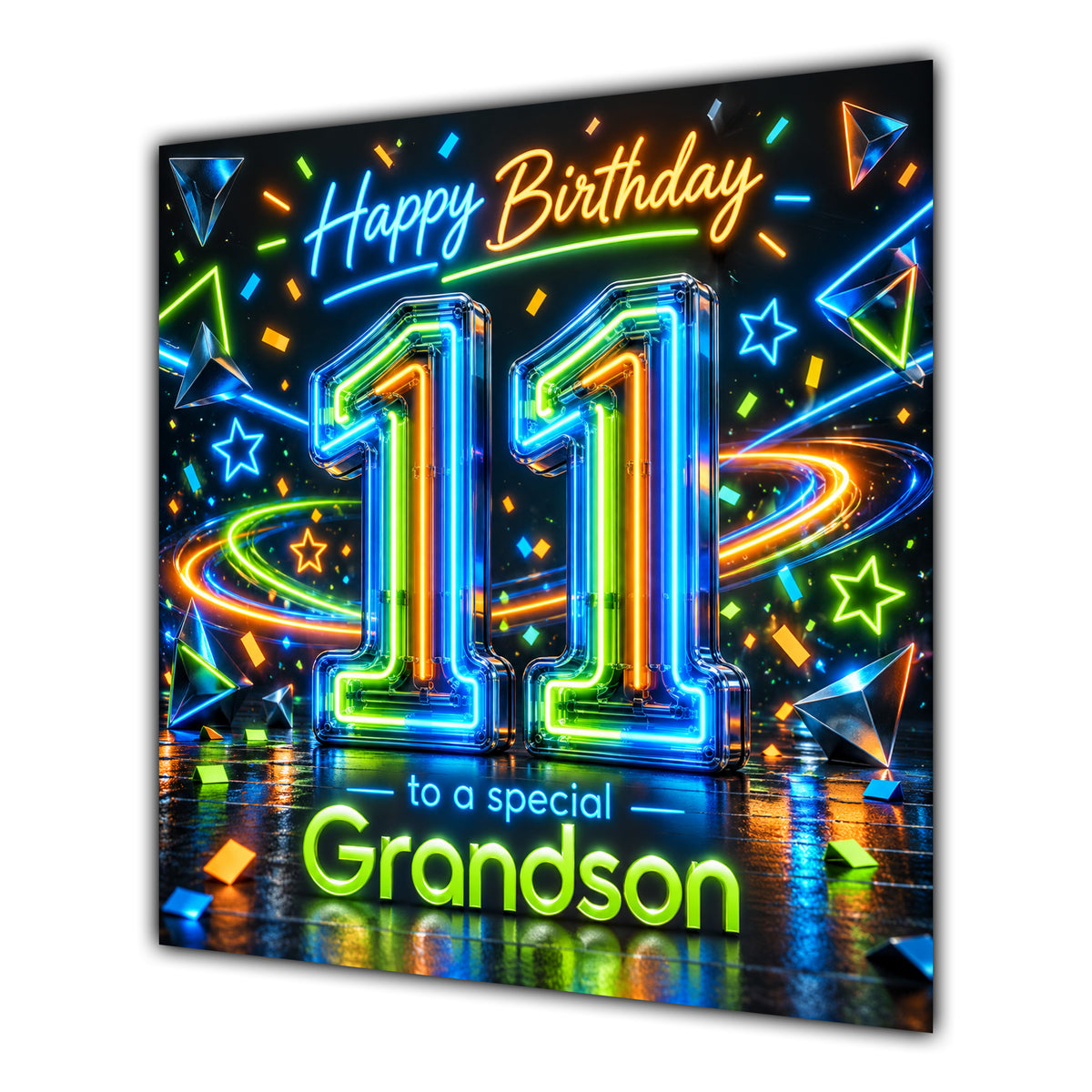 Grandson 11th Birthday Card Neon Number Stars Colourful