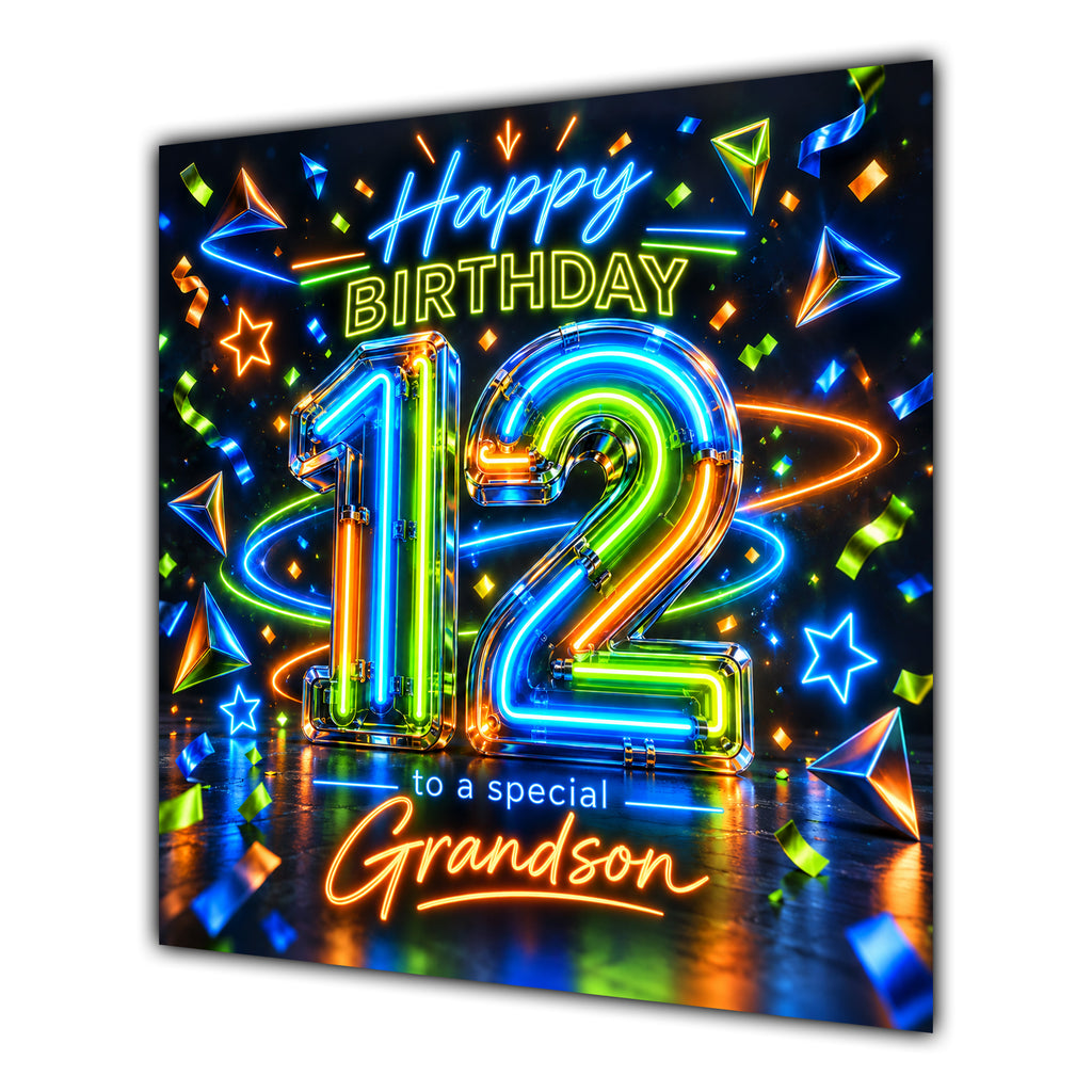 Grandson 12th Birthday Card Neon Number Stars Colourful