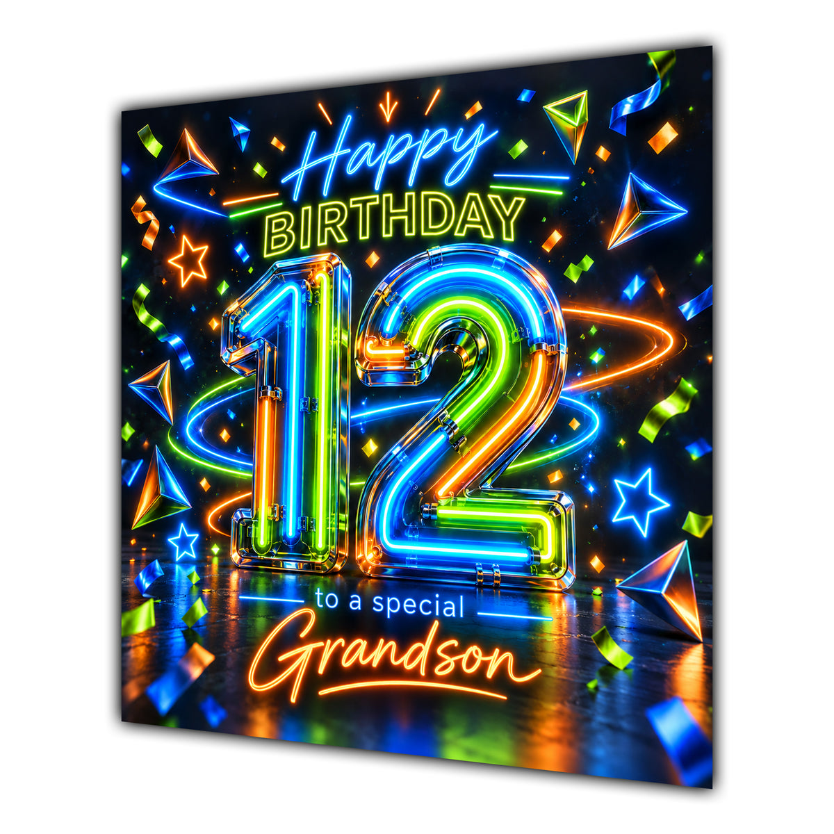 Grandson 12th Birthday Card Neon Number Stars Colourful