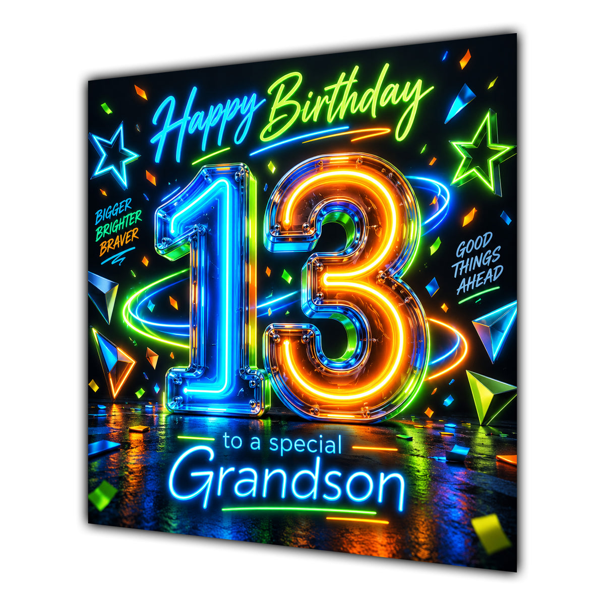 Grandson 13th Birthday Card Neon Number Stars Colourful