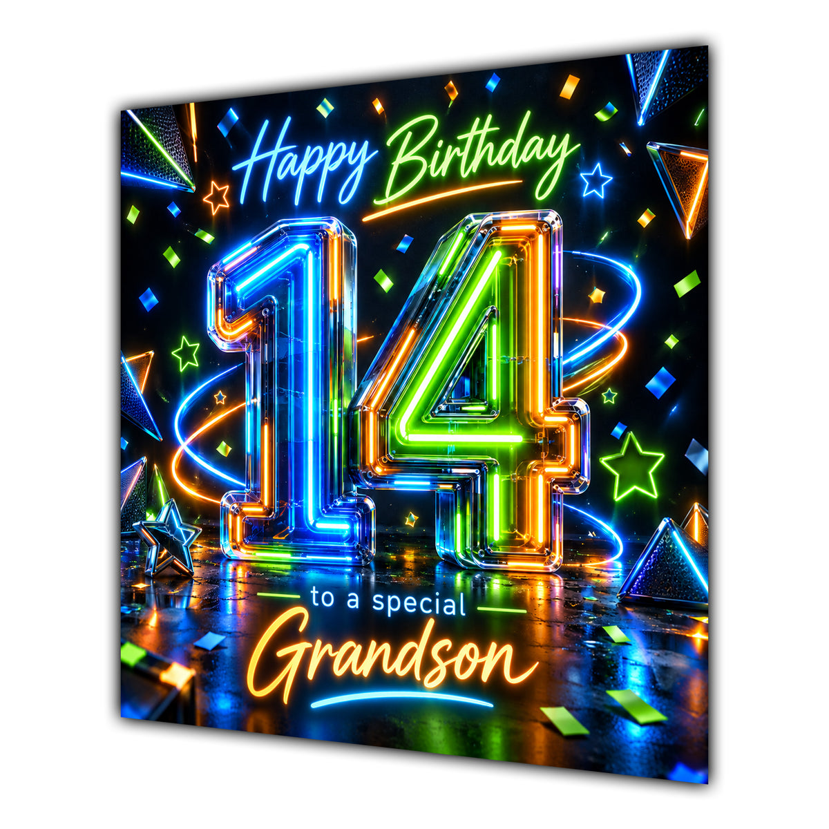 Grandson 14th Birthday Card Neon Number Stars Colourful