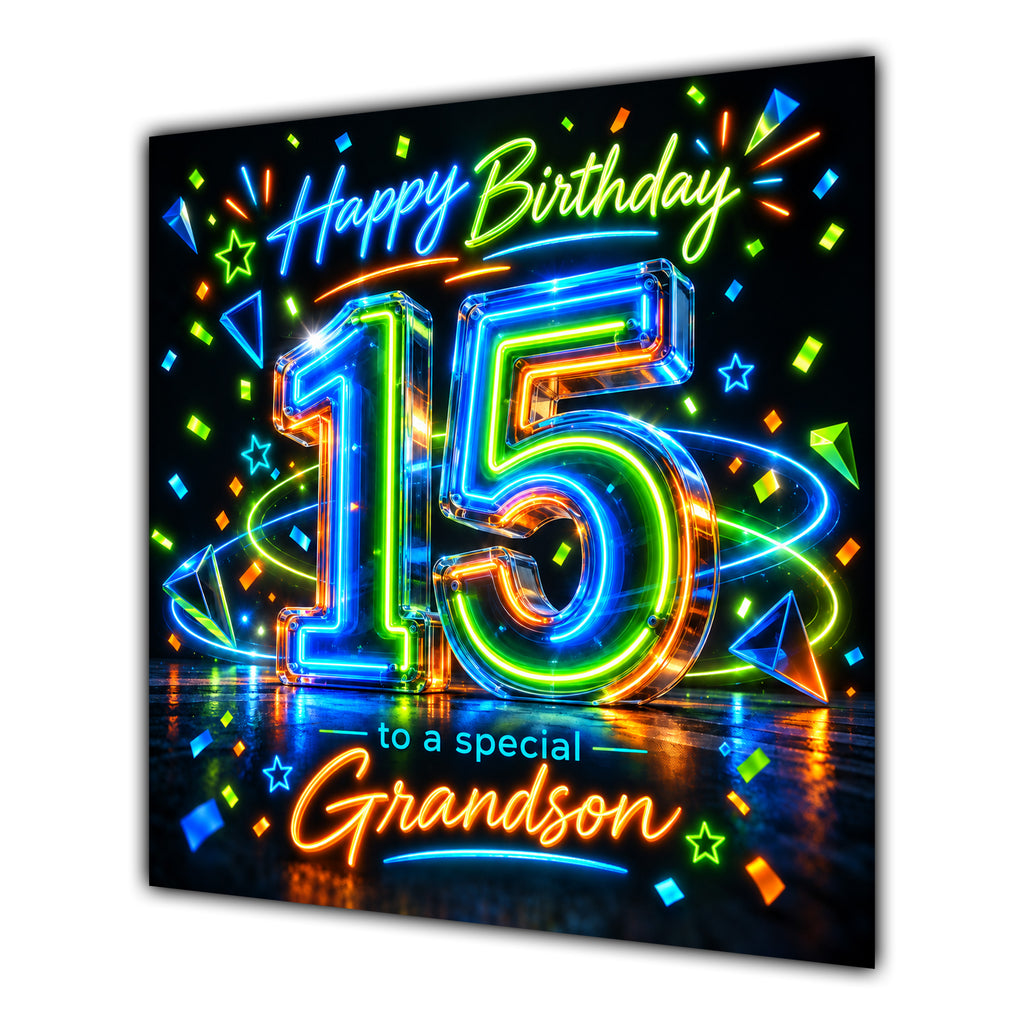 Grandson 15th Birthday Card Neon Number Stars Colourful