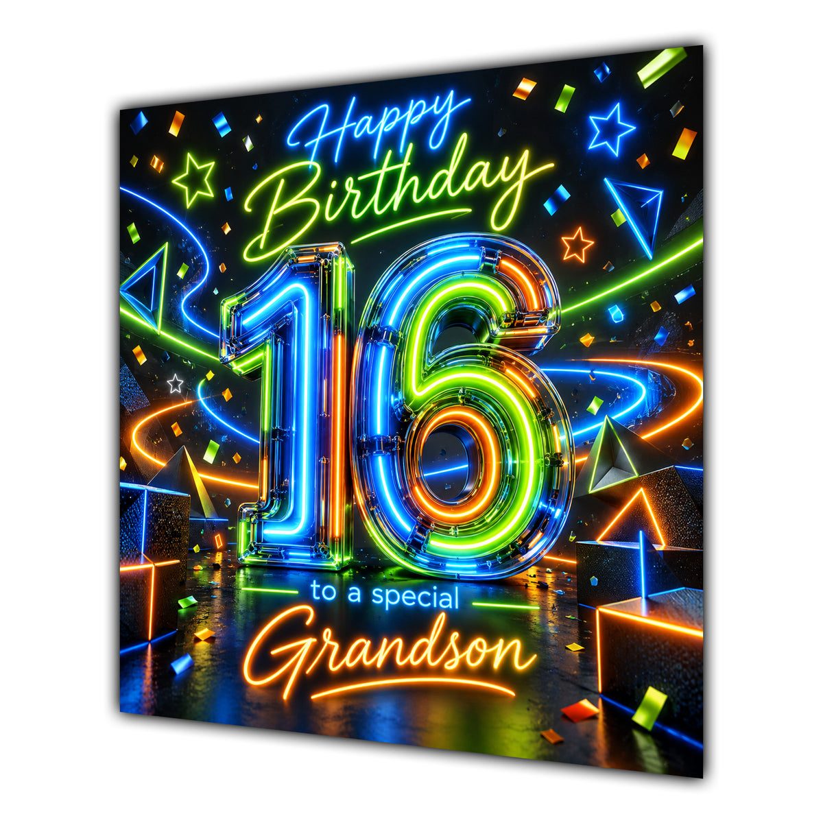 Grandson 16th Birthday Card Neon Number Stars Colourful